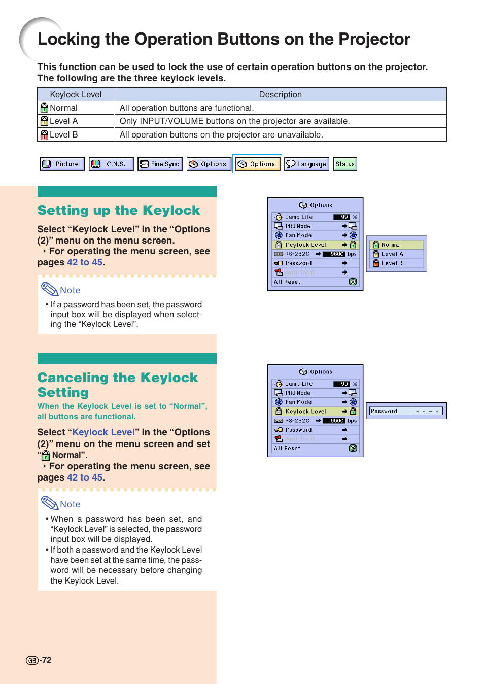 Locking the operation buttons on the projector, Setting up the keylock, Canceling the keylock setting | Sharp XG-C58X User Manual | Page 76 / 105