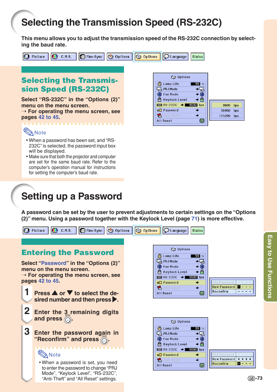 Setting up a password, Selecting the transmission speed (rs-232c), Entering the password | Selecting the transmis- sion speed (rs-232c) | Sharp XG-C58X User Manual | Page 77 / 105