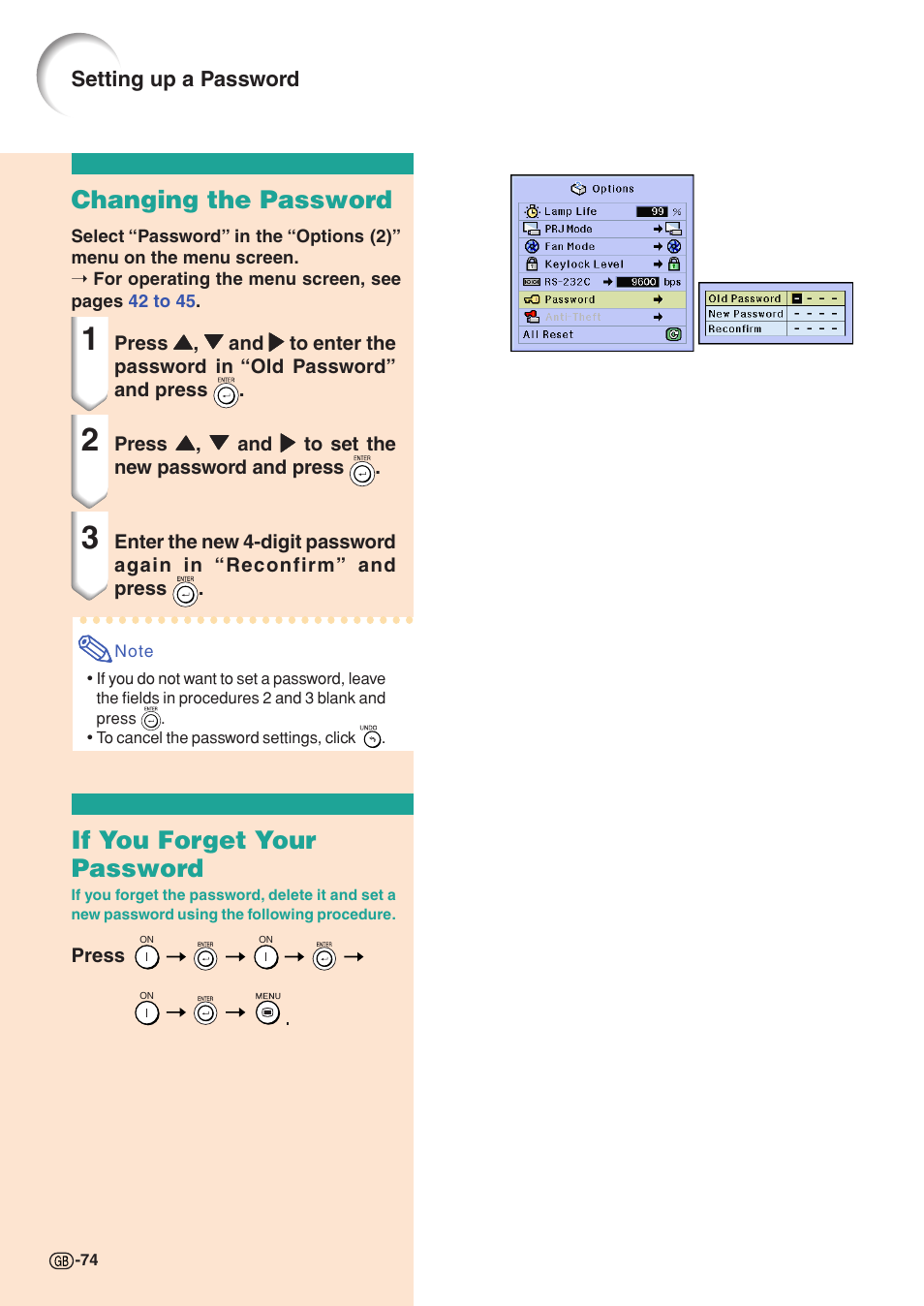 Changing the password, If you forget your password | Sharp XG-C58X User Manual | Page 78 / 105