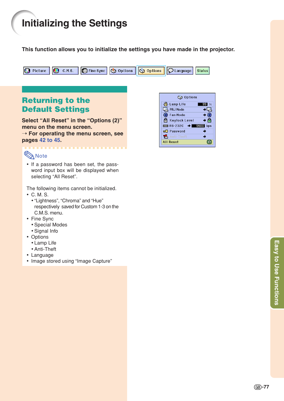 Initializing the settings, Returning to the default settings | Sharp XG-C58X User Manual | Page 81 / 105