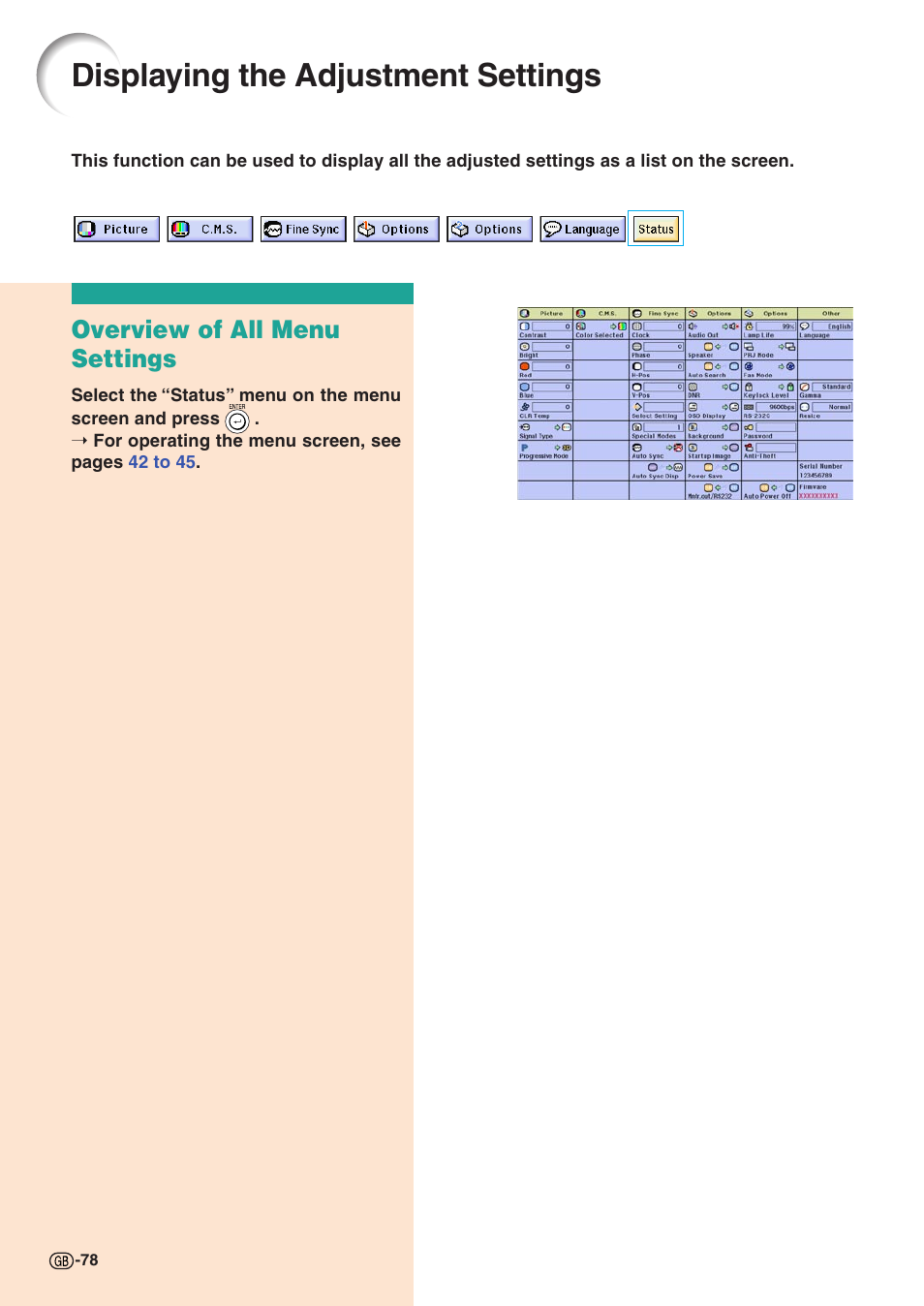 Displaying the adjustment settings, Overview of all menu settings | Sharp XG-C58X User Manual | Page 82 / 105