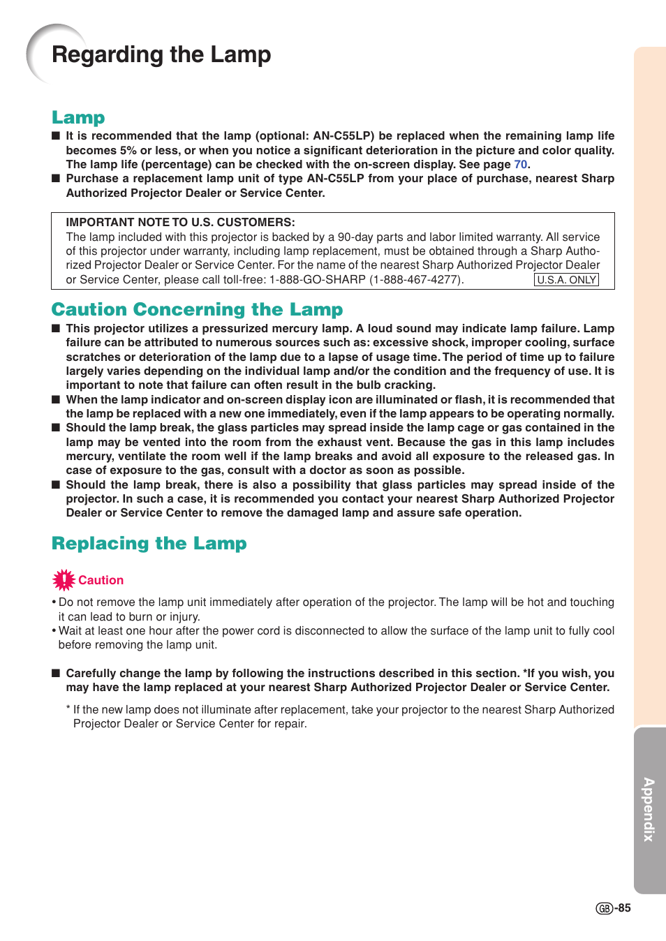 Regarding the lamp, Lamp, Caution concerning the lamp | Replacing the lamp | Sharp XG-C58X User Manual | Page 89 / 105