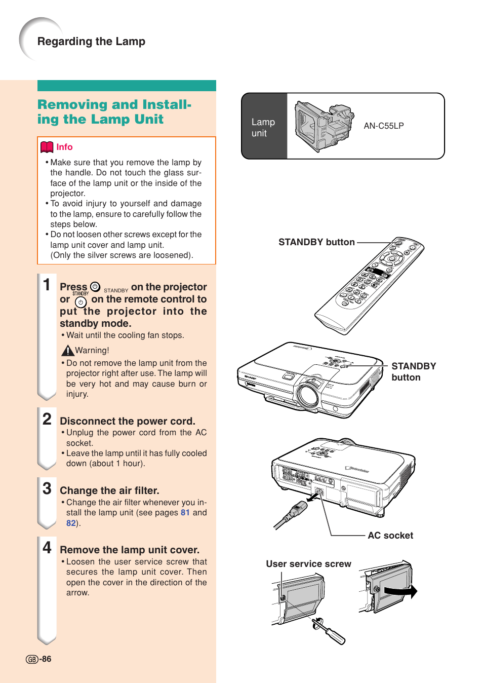 Removing and install- ing the lamp unit | Sharp XG-C58X User Manual | Page 90 / 105