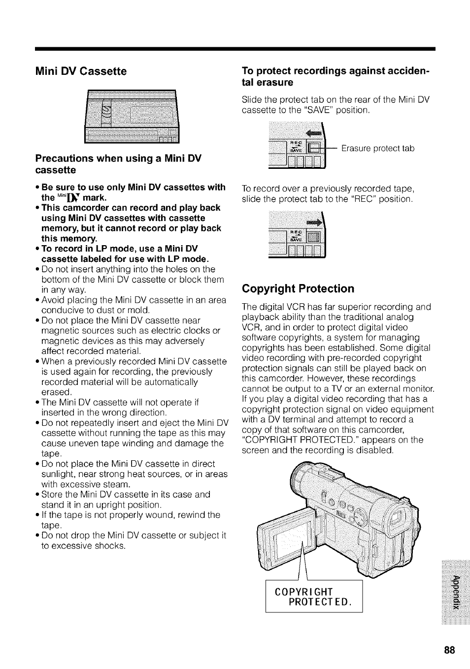 Precautions when using a mini dv, Cassette, To protect recordings against accidentai erasure | Sharp VIEWCAM VL-WD650U User Manual | Page 103 / 120