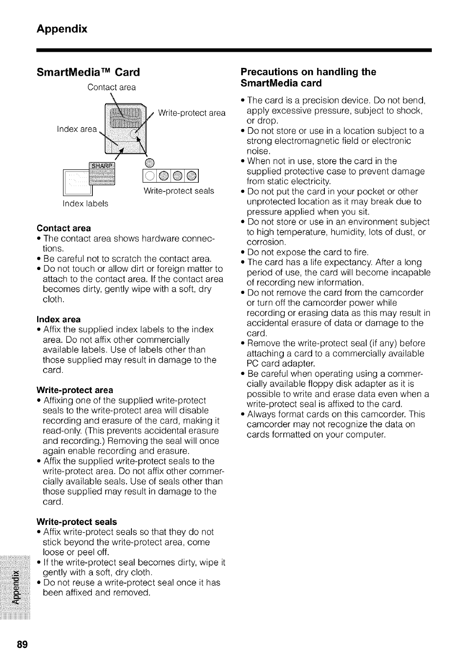 Contact area, Index area, Write-protect area | Write-protect seals, Precautions on handling the, Smartmedia card | Sharp VIEWCAM VL-WD650U User Manual | Page 104 / 120