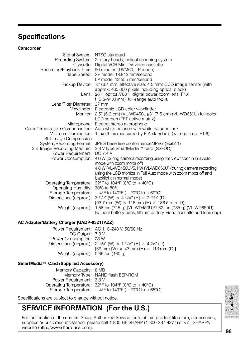 Specifications, Ac adapter/battery charger (uadp-0321tazz), Smartmedia™ card (supplied accessory) | Service information (for the u.s.) | Sharp VIEWCAM VL-WD650U User Manual | Page 111 / 120