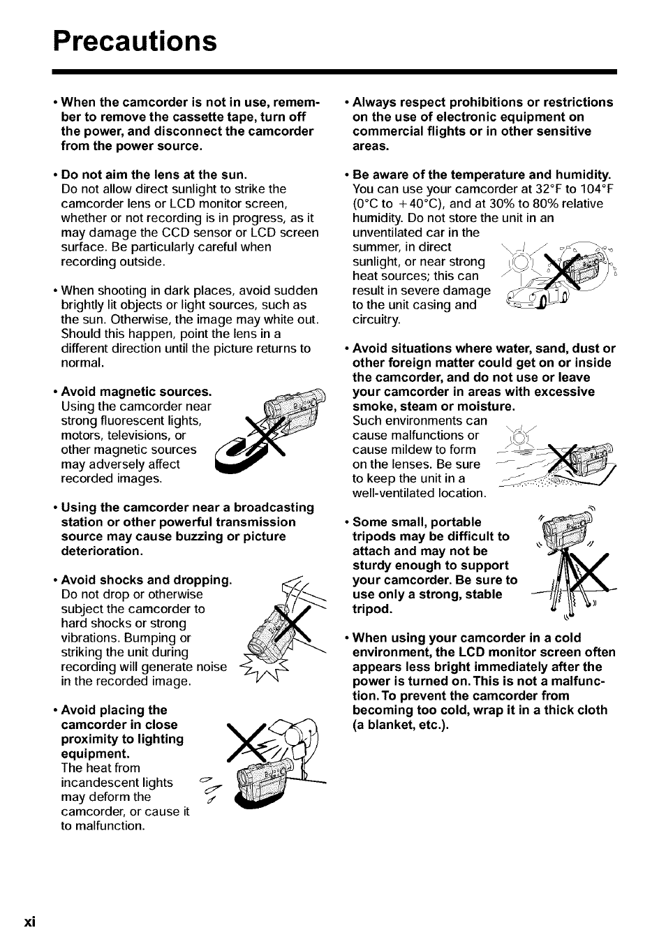 Do not aim the iens at the sun, Avoid magnetic sources, Avoid shocks and dropping | Be aware of the temperature and humidity, Precautions | Sharp VIEWCAM VL-WD650U User Manual | Page 12 / 120
