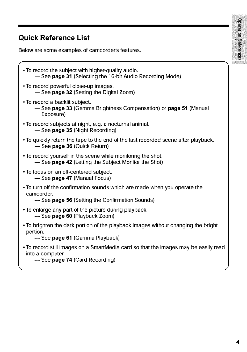 Quick reference list | Sharp VIEWCAM VL-WD650U User Manual | Page 19 / 120