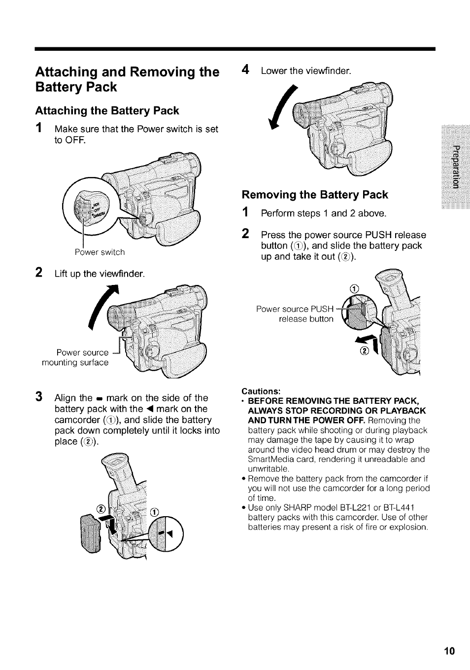 Attaching and removing the battery pack | Sharp VIEWCAM VL-WD650U User Manual | Page 25 / 120