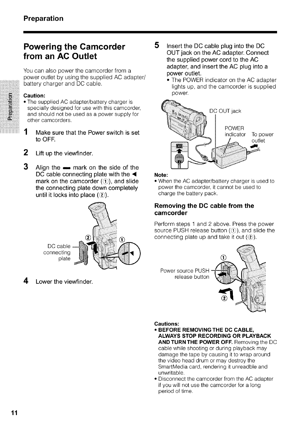 Powering the camcorder from an ac outlet, Removing the dc cable from the camcorder | Sharp VIEWCAM VL-WD650U User Manual | Page 26 / 120