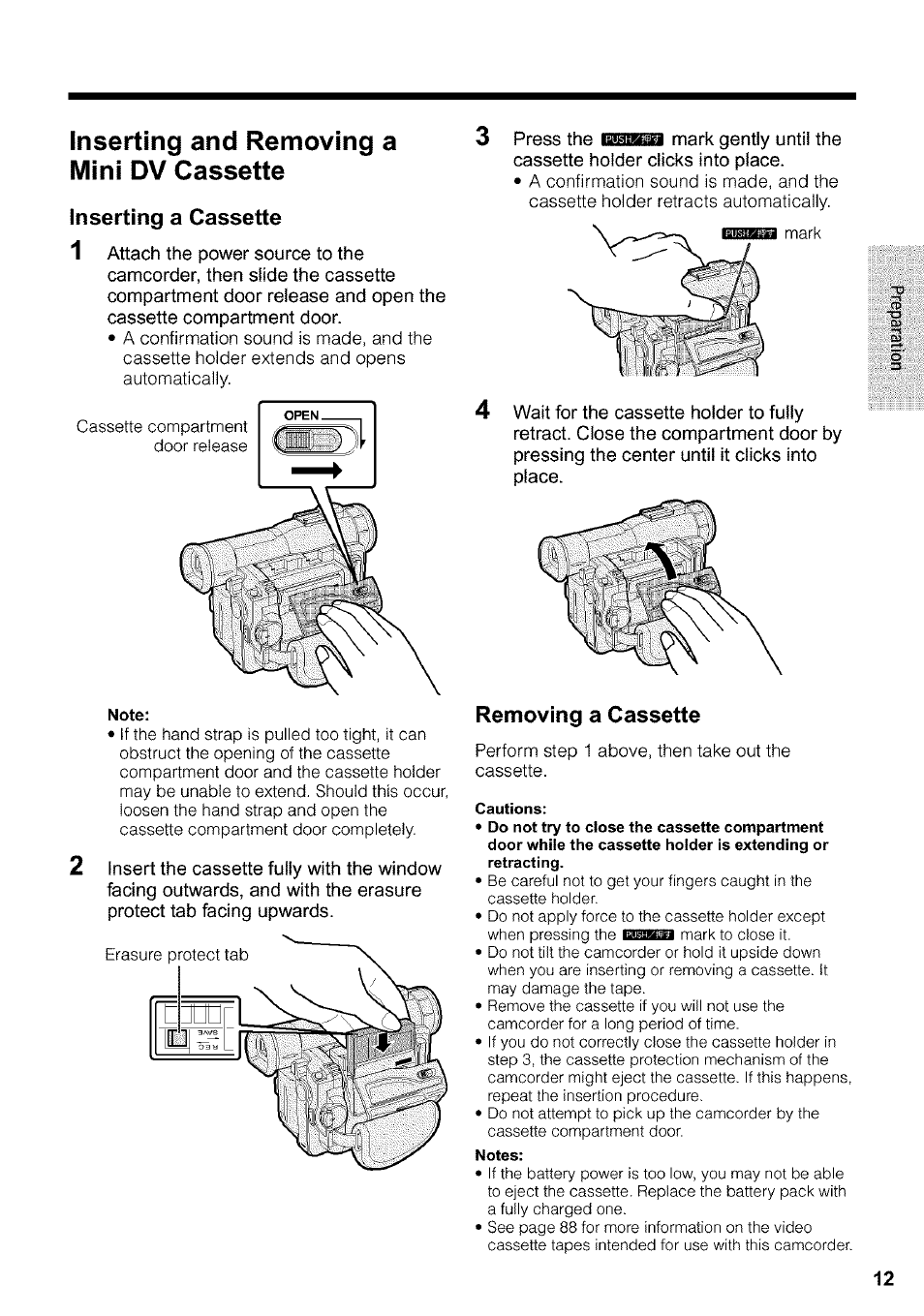 Inserting and removing a mini dv cassette, Note | Sharp VIEWCAM VL-WD650U User Manual | Page 27 / 120