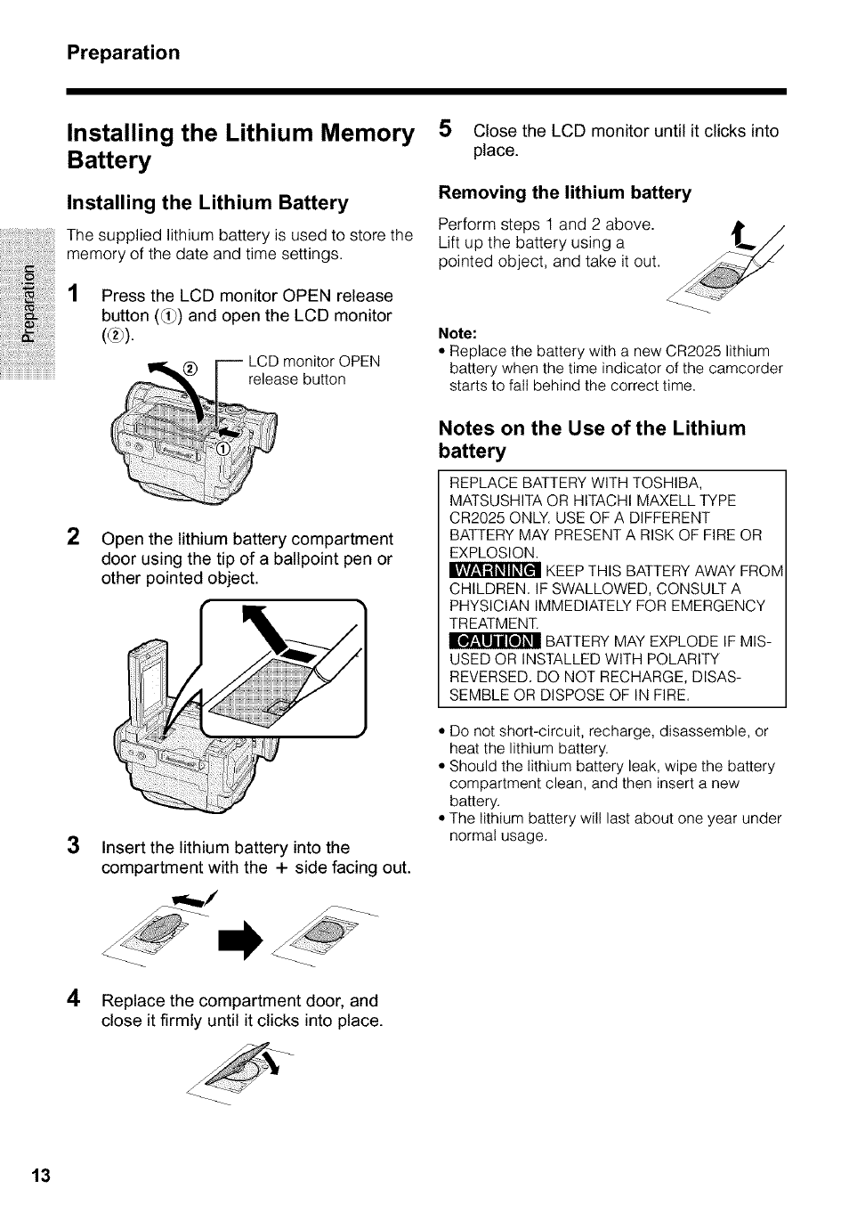 Installing the lithium memory battery, Removing the lithium battery, Note | Sharp VIEWCAM VL-WD650U User Manual | Page 28 / 120