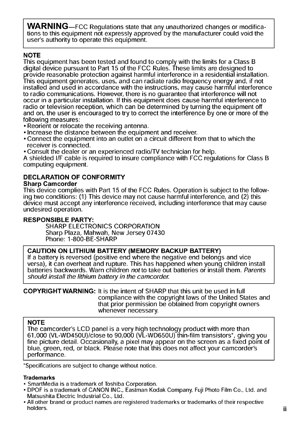 Note, Declaf5ation of conformity sharp camcorder, Responsible party | Warning | Sharp VIEWCAM VL-WD650U User Manual | Page 3 / 120