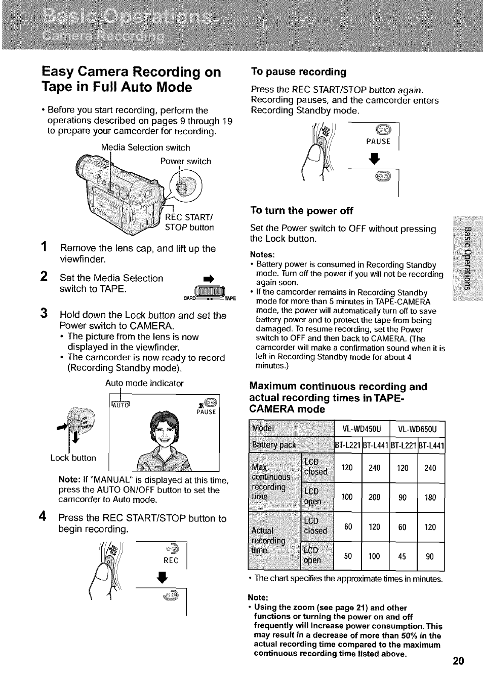 Easy camera recording on tape in full auto mode, To pause recording, To turn the power off | Sharp VIEWCAM VL-WD650U User Manual | Page 35 / 120