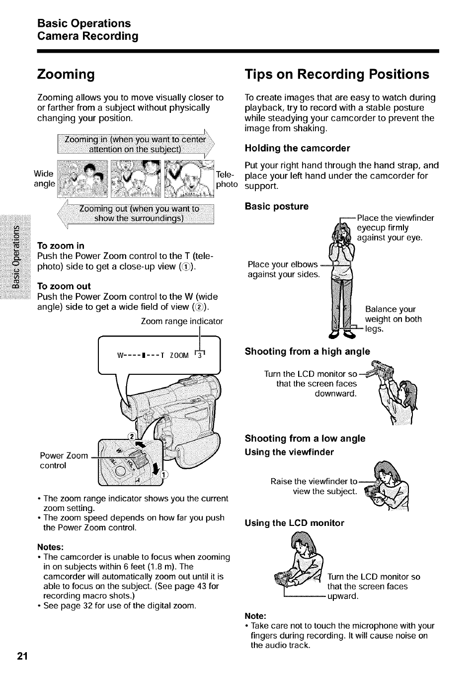 Zooming, Tips on recording positions, Holding the camcorder | Basic posture, Shooting from a iow angie using the viewfinder, Note, Basic operations camera recording i, Shooting from a high angie, Using the lcd monitor | Sharp VIEWCAM VL-WD650U User Manual | Page 36 / 120