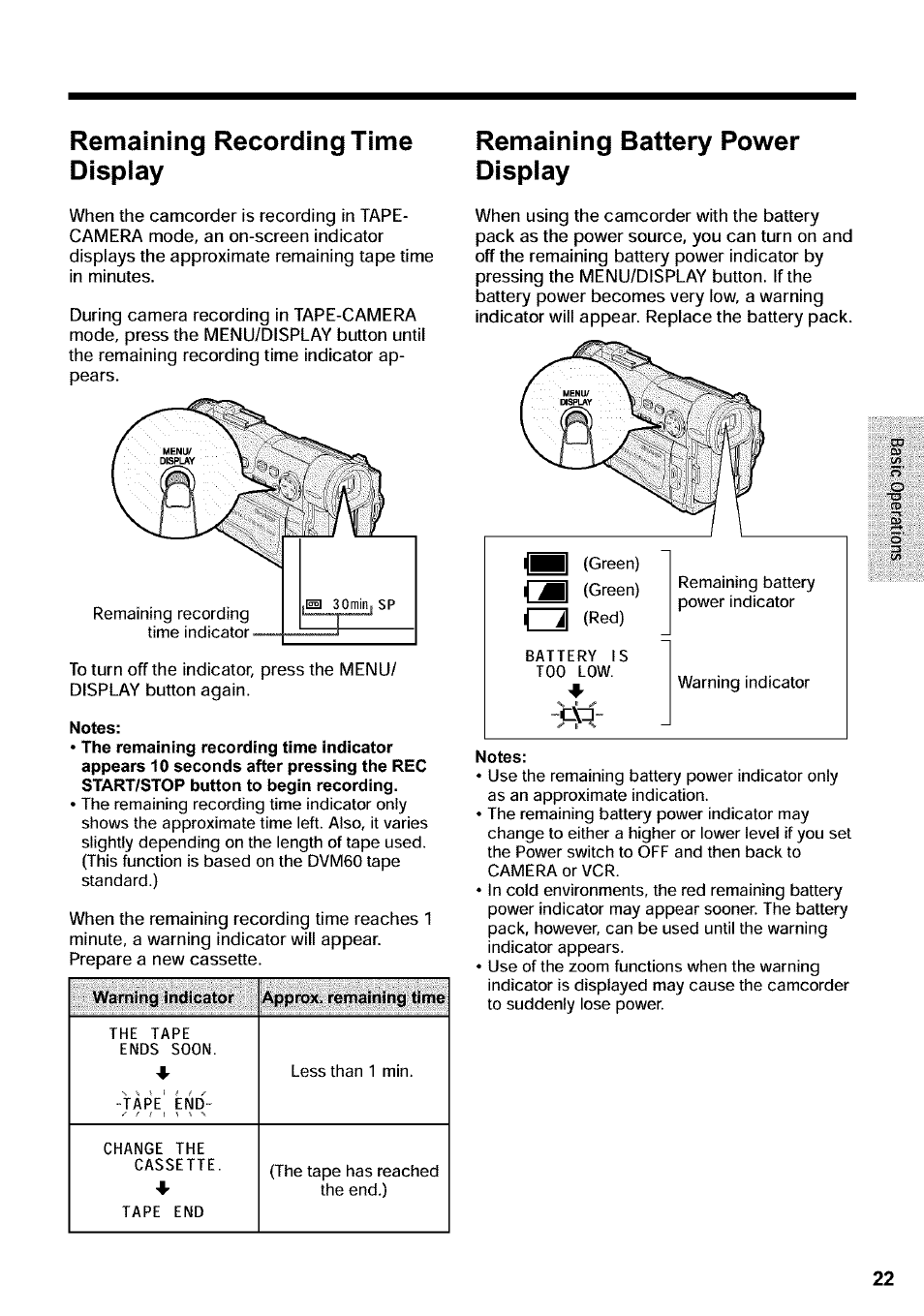 Remaining recording time display, Remaining battery power display | Sharp VIEWCAM VL-WD650U User Manual | Page 37 / 120