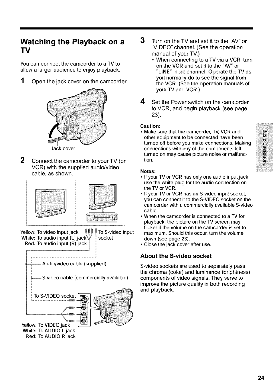 Watching the playback on a tv, Caution, Notes | About the s-video socket | Sharp VIEWCAM VL-WD650U User Manual | Page 39 / 120