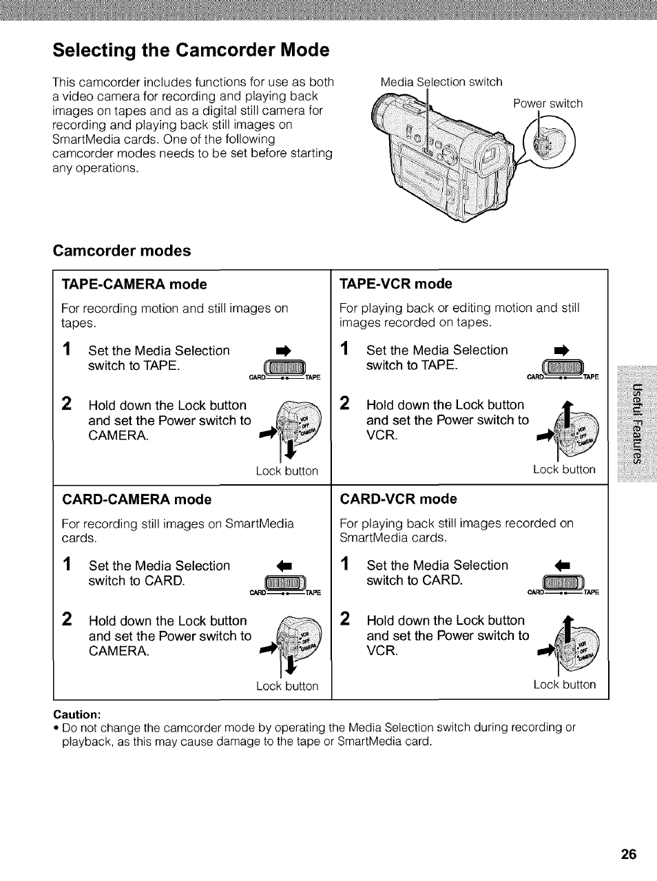 Caution, Selecting the camcorder mode | Sharp VIEWCAM VL-WD650U User Manual | Page 41 / 120