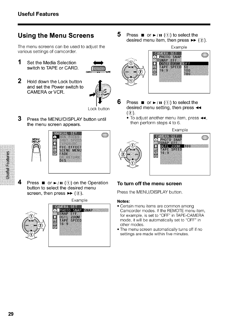 Using the menu screens, To turn off the menu screen, Notes | Useful features | Sharp VIEWCAM VL-WD650U User Manual | Page 44 / 120