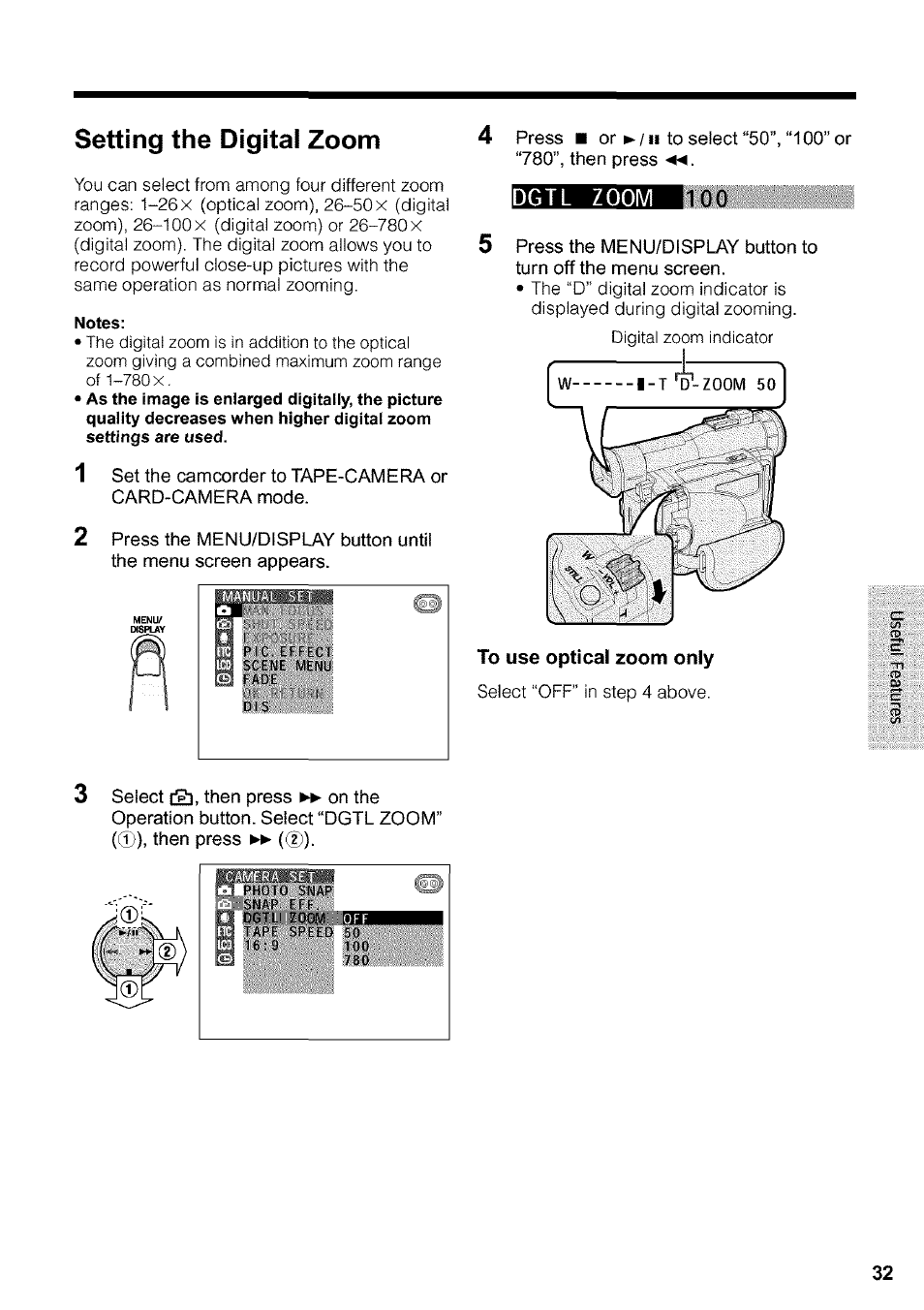Setting the digital zoom, To use optical zoom only | Sharp VIEWCAM VL-WD650U User Manual | Page 47 / 120