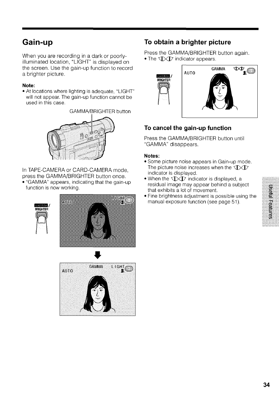 Gain-up, Note, To cancel the gain-up function | Notes | Sharp VIEWCAM VL-WD650U User Manual | Page 49 / 120