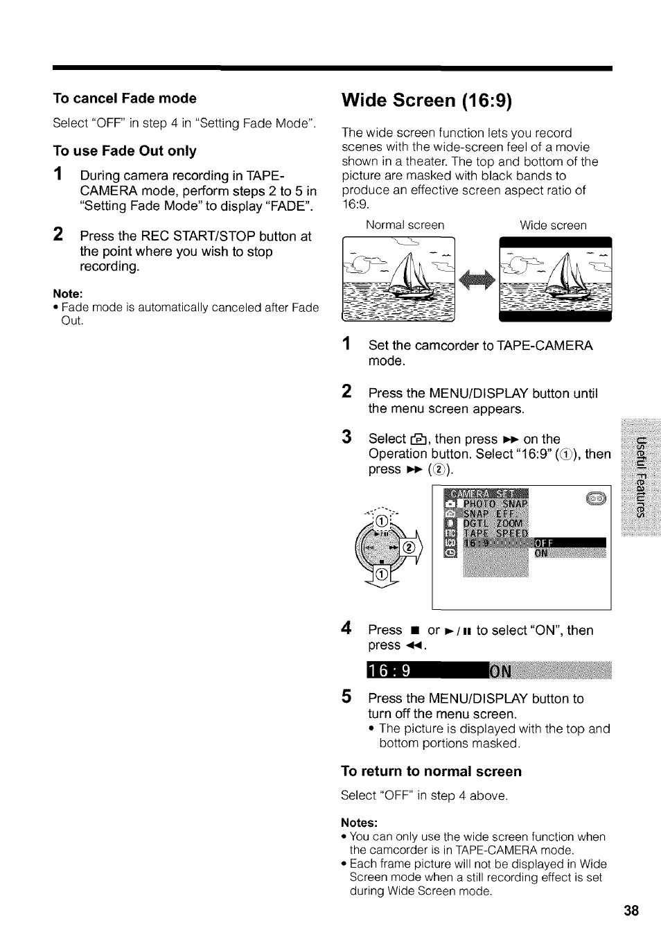 To cancel fade mode, To use fade out only, Note | Wide screen (16:9), To return to normal screen, Notes | Sharp VIEWCAM VL-WD650U User Manual | Page 53 / 120
