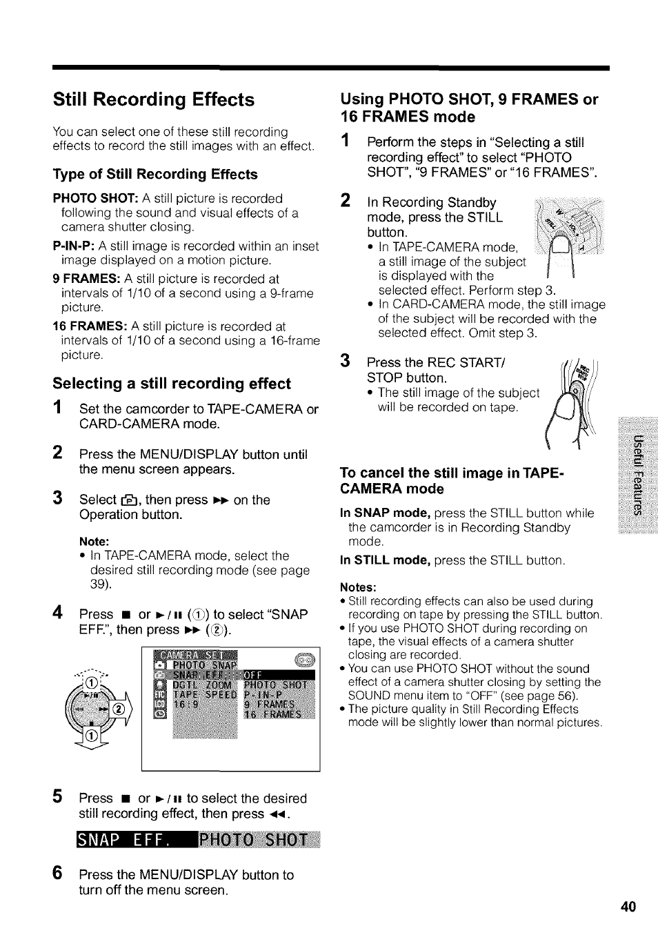 Still recording effects, Type of still recording effects, Note | To cancel the still image in tapecamera mode, Notes | Sharp VIEWCAM VL-WD650U User Manual | Page 55 / 120