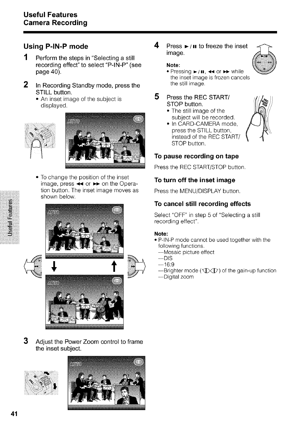 Note, To pause recording on tape, To turn off the inset image | To cancei stiii recording effects | Sharp VIEWCAM VL-WD650U User Manual | Page 56 / 120