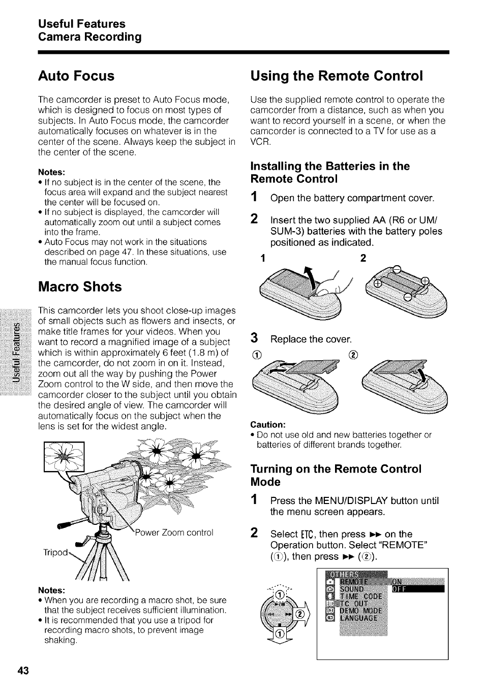 Auto focus, Macro shots, Using the remote control | Macro shots using the remote control, Useful features camera recording | Sharp VIEWCAM VL-WD650U User Manual | Page 58 / 120
