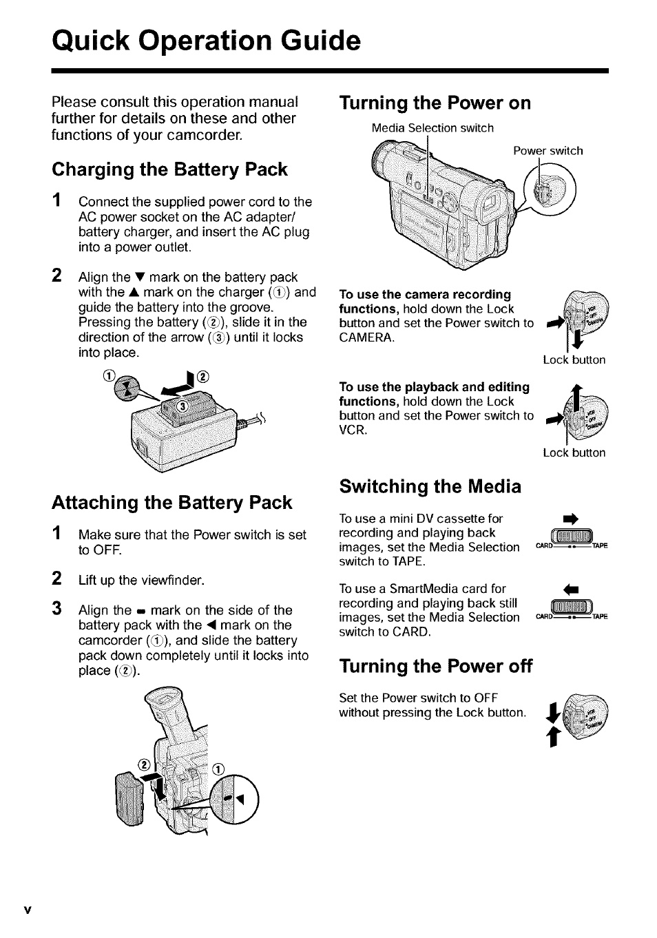 Charging the battery pack, Attaching the battery pack, Switching the media | Turning the power off, Quick operation guide, Charging the battery pack 1, Attaching the battery pack 1, Turning the power on | Sharp VIEWCAM VL-WD650U User Manual | Page 6 / 120