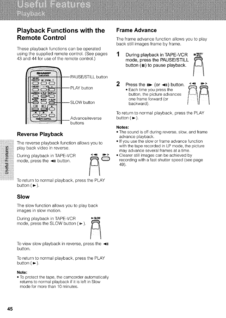 Playback functions with the remote control, Notes, Note | Sharp VIEWCAM VL-WD650U User Manual | Page 60 / 120