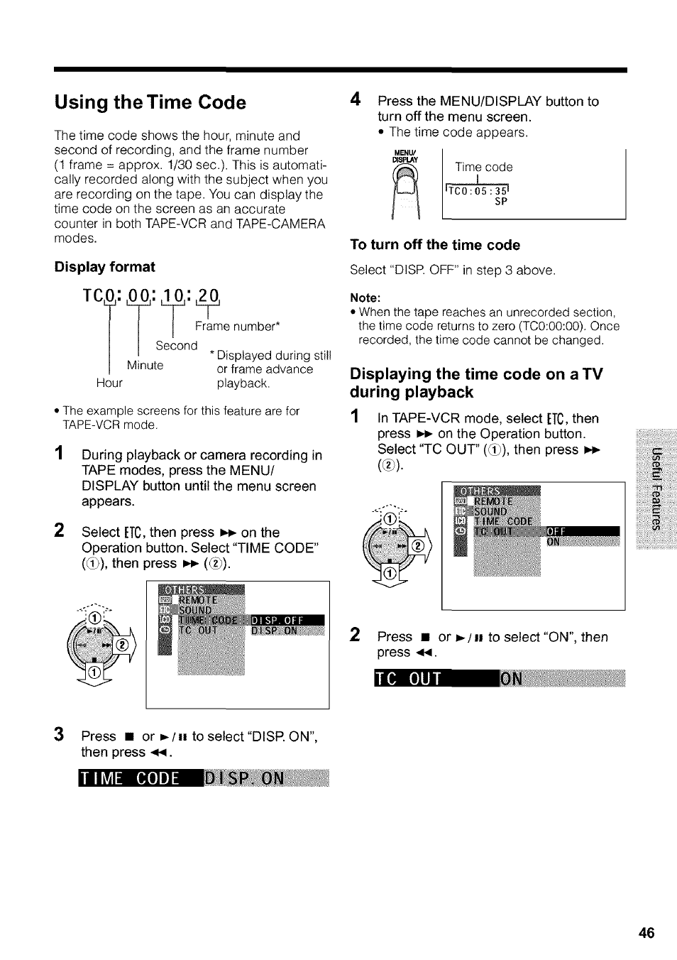 Using the time code, Display format, To turn off the time code | Note | Sharp VIEWCAM VL-WD650U User Manual | Page 61 / 120