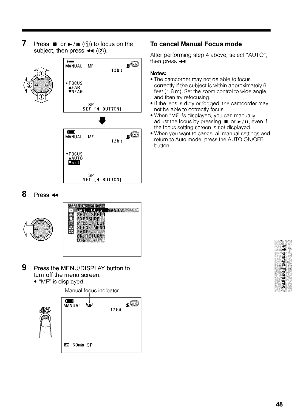 To cancel manual focus mode, Notes | Sharp VIEWCAM VL-WD650U User Manual | Page 63 / 120