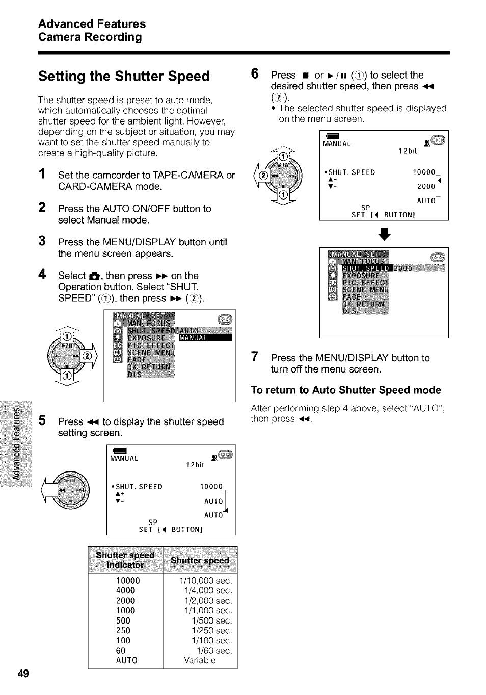 Setting the shutter speed, To return to auto shutter speed mode, Advanced features camera recording | Sharp VIEWCAM VL-WD650U User Manual | Page 64 / 120