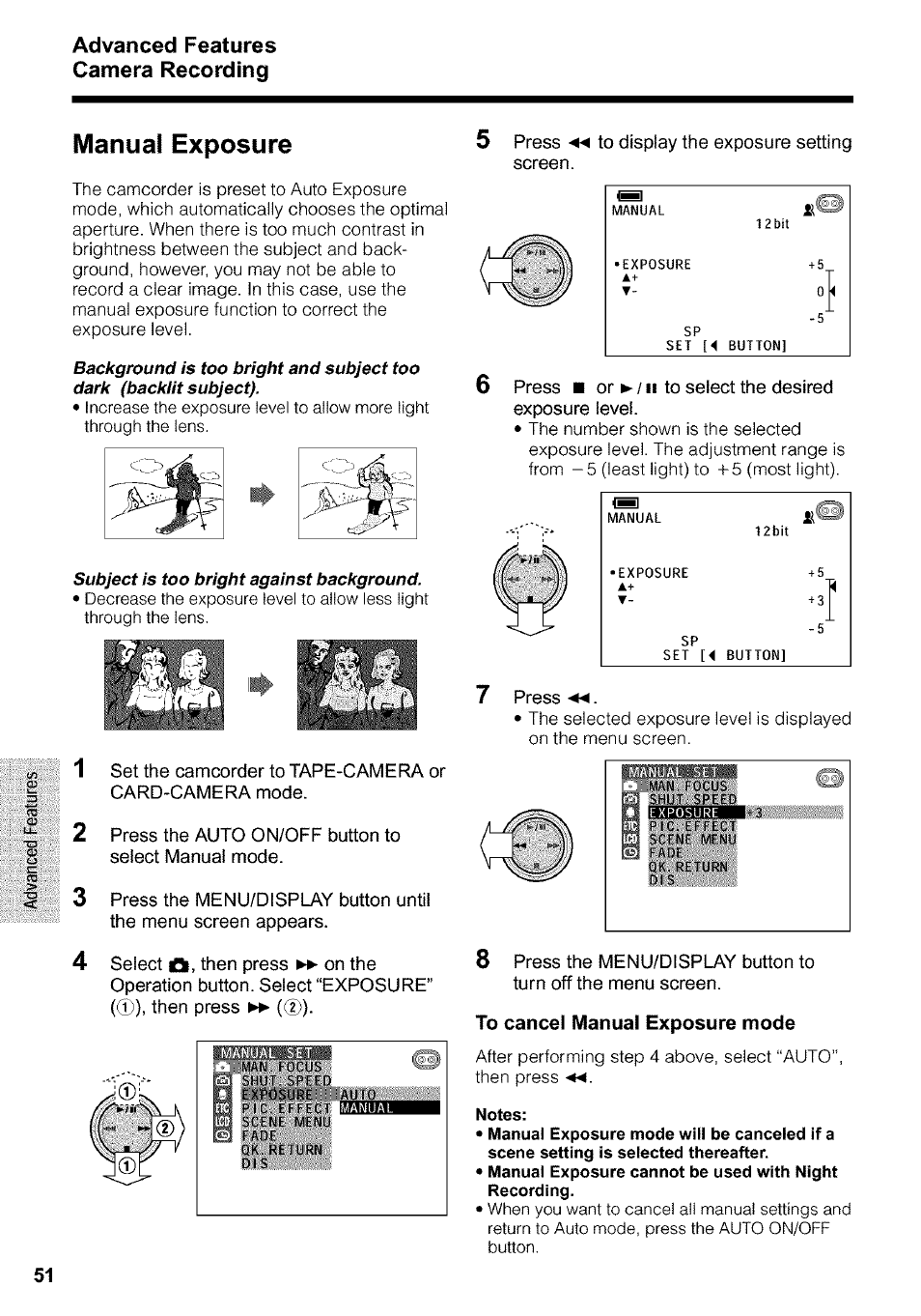 Manual exposure, To cancel manual exposure mode, Advanced features camera recording | Sharp VIEWCAM VL-WD650U User Manual | Page 66 / 120