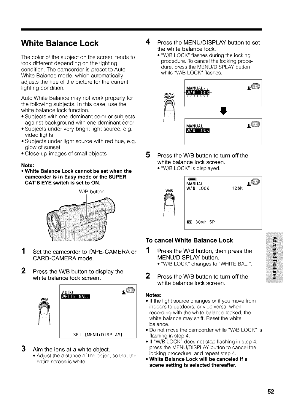 White balance lock, To cancel white balance lock, Notes | Sharp VIEWCAM VL-WD650U User Manual | Page 67 / 120
