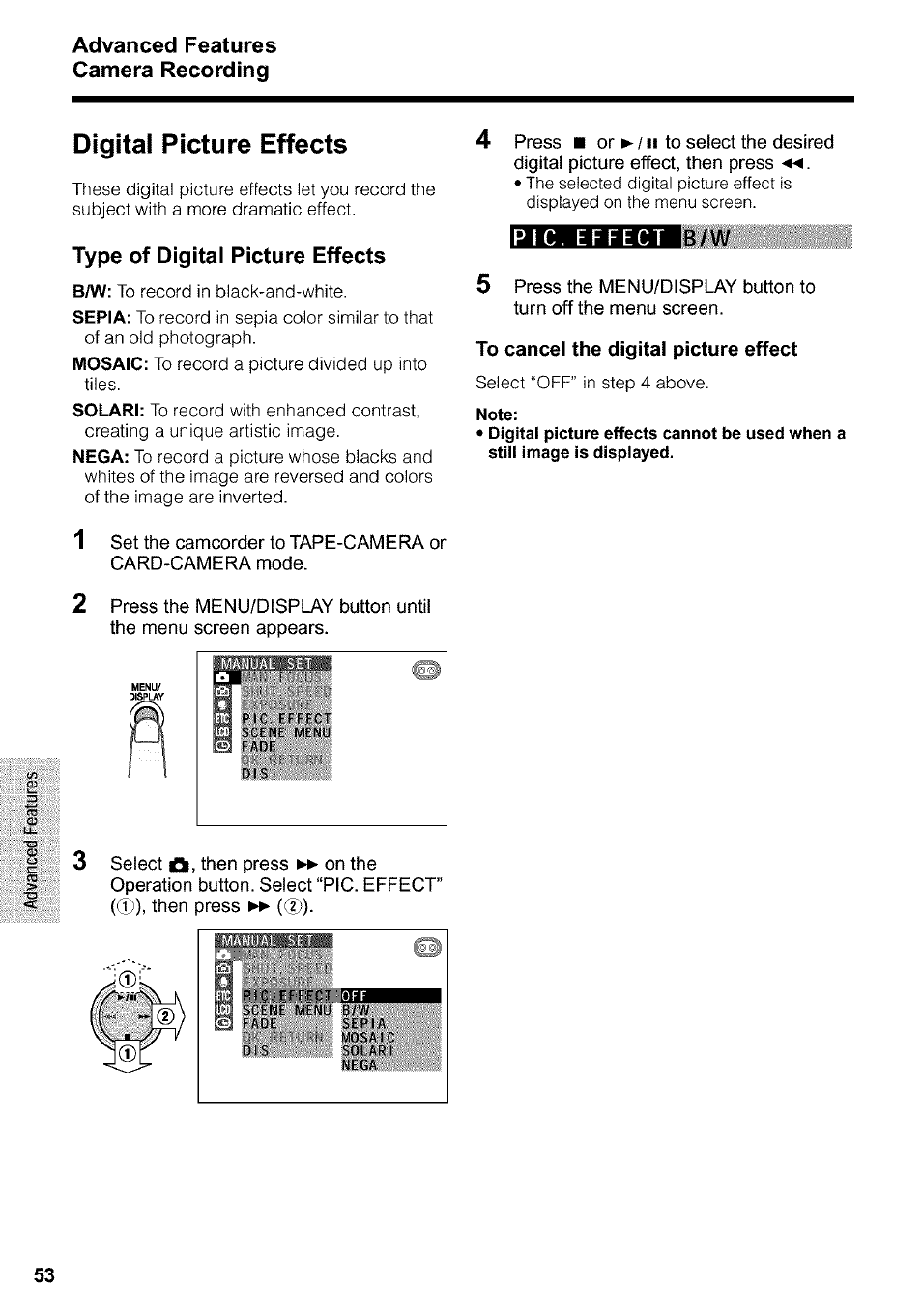 Digital picture effects, To cancel the digital picture effect, Advanced features camera recording | Sharp VIEWCAM VL-WD650U User Manual | Page 68 / 120
