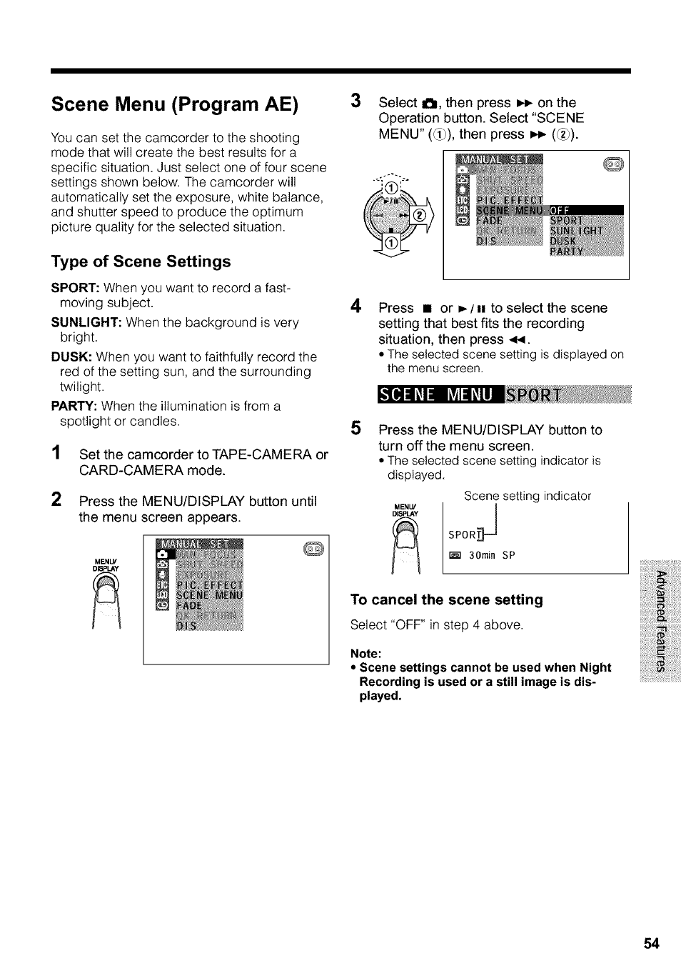 Scene menu (program ae), To cancel the scene setting, Note | Sharp VIEWCAM VL-WD650U User Manual | Page 69 / 120