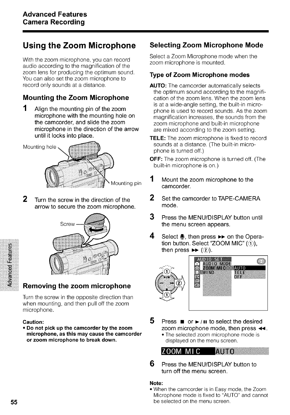 Type of zoom microphone modes, Using the zoom microphone, Advanced features camera recording | Sharp VIEWCAM VL-WD650U User Manual | Page 70 / 120
