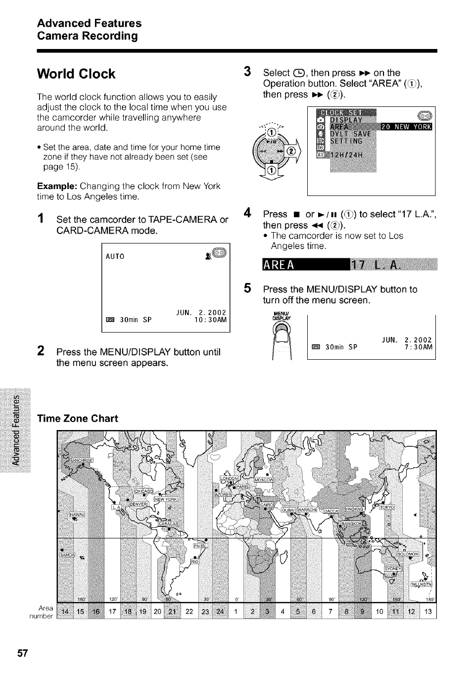 World clock, Time zone chart, Advanced features camera recording | Sharp VIEWCAM VL-WD650U User Manual | Page 72 / 120