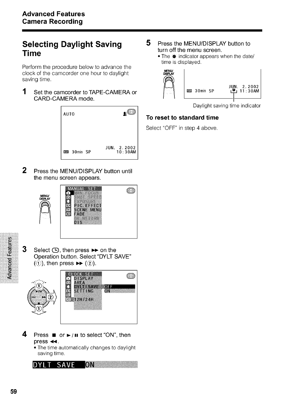 Selecting daylight saving time, To reset to standard time | Sharp VIEWCAM VL-WD650U User Manual | Page 74 / 120