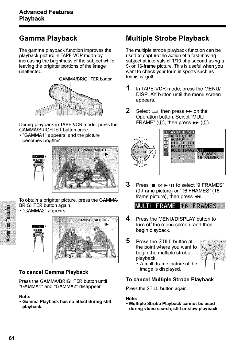 Gamma playback, To cancel gamma playback, Multiple strobe playback | To cancel multiple strobe playback, Gamma playback multiple strobe playback | Sharp VIEWCAM VL-WD650U User Manual | Page 76 / 120