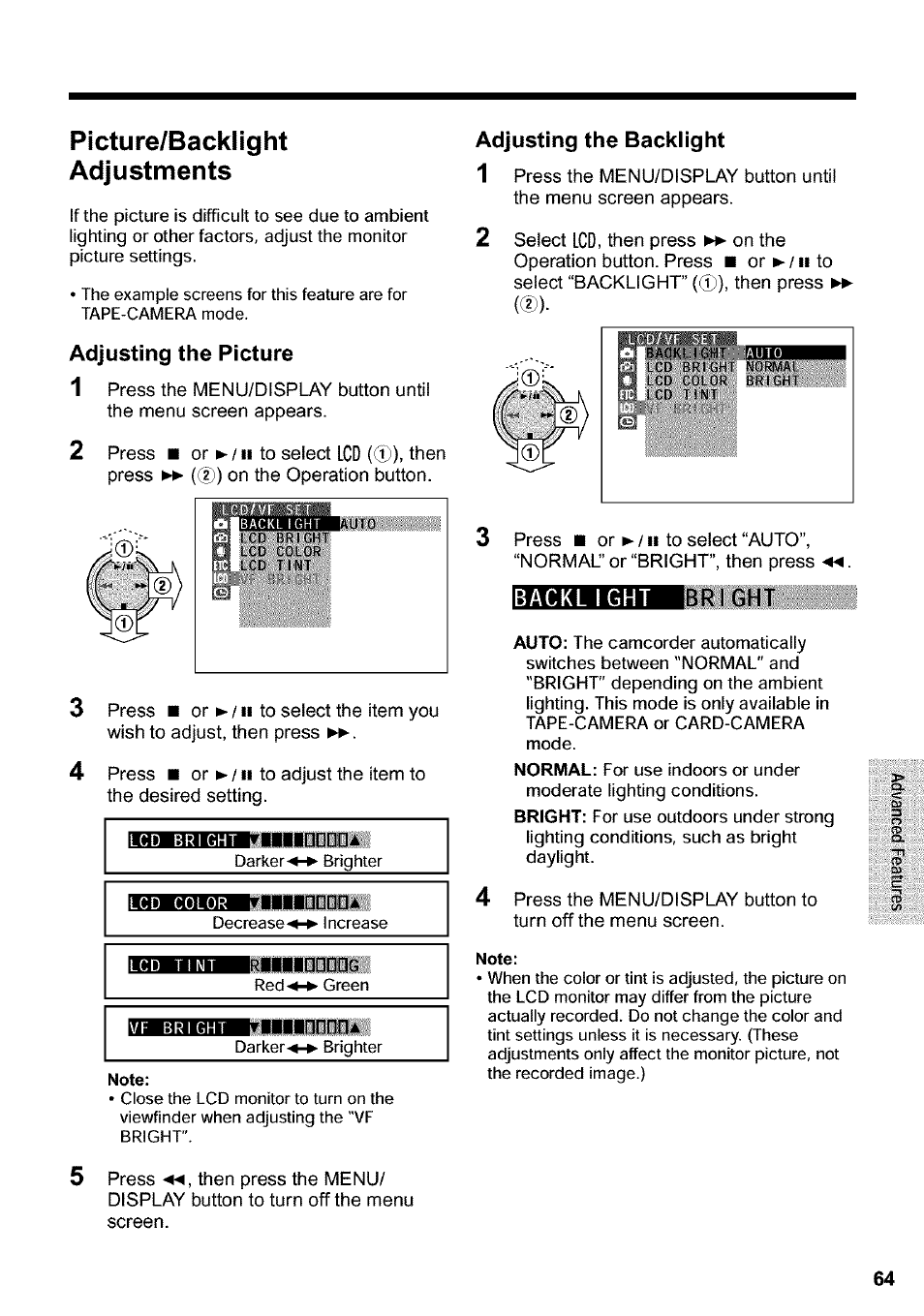 Picture/backlight, Adjustments, Note | Picture/backlight adjustments | Sharp VIEWCAM VL-WD650U User Manual | Page 79 / 120