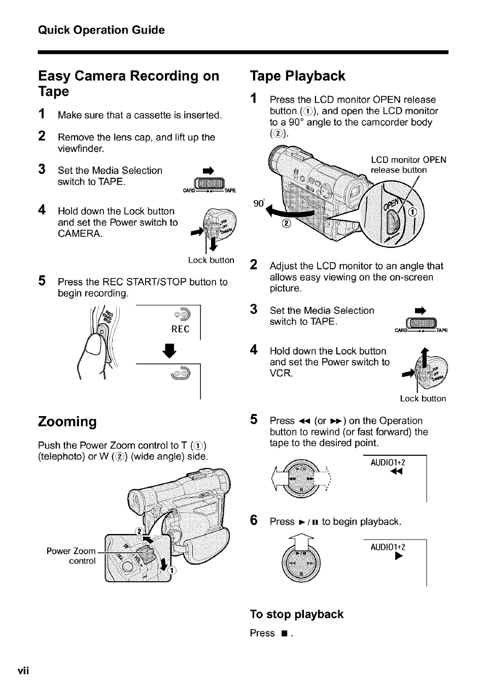 Easy camera recording on tape, Tape playback, Zooming | Easy camera recording on tape 1, Tape playback 1 | Sharp VIEWCAM VL-WD650U User Manual | Page 8 / 120