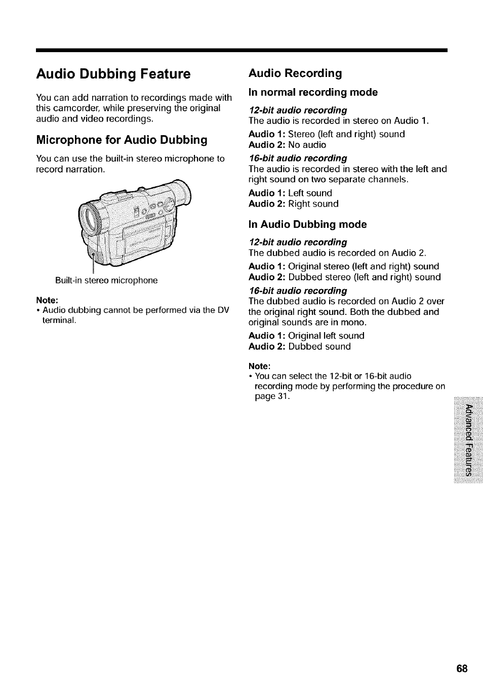 Audio dubbing feature, Audio recording in normal recording mode, In audio dubbing mode | Note | Sharp VIEWCAM VL-WD650U User Manual | Page 83 / 120
