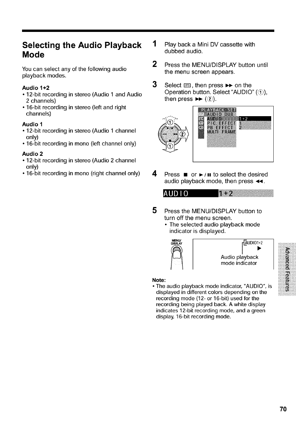 Selecting the audio playback mode, Audio 1+2, Audio 1 | Audio 2, Note | Sharp VIEWCAM VL-WD650U User Manual | Page 85 / 120