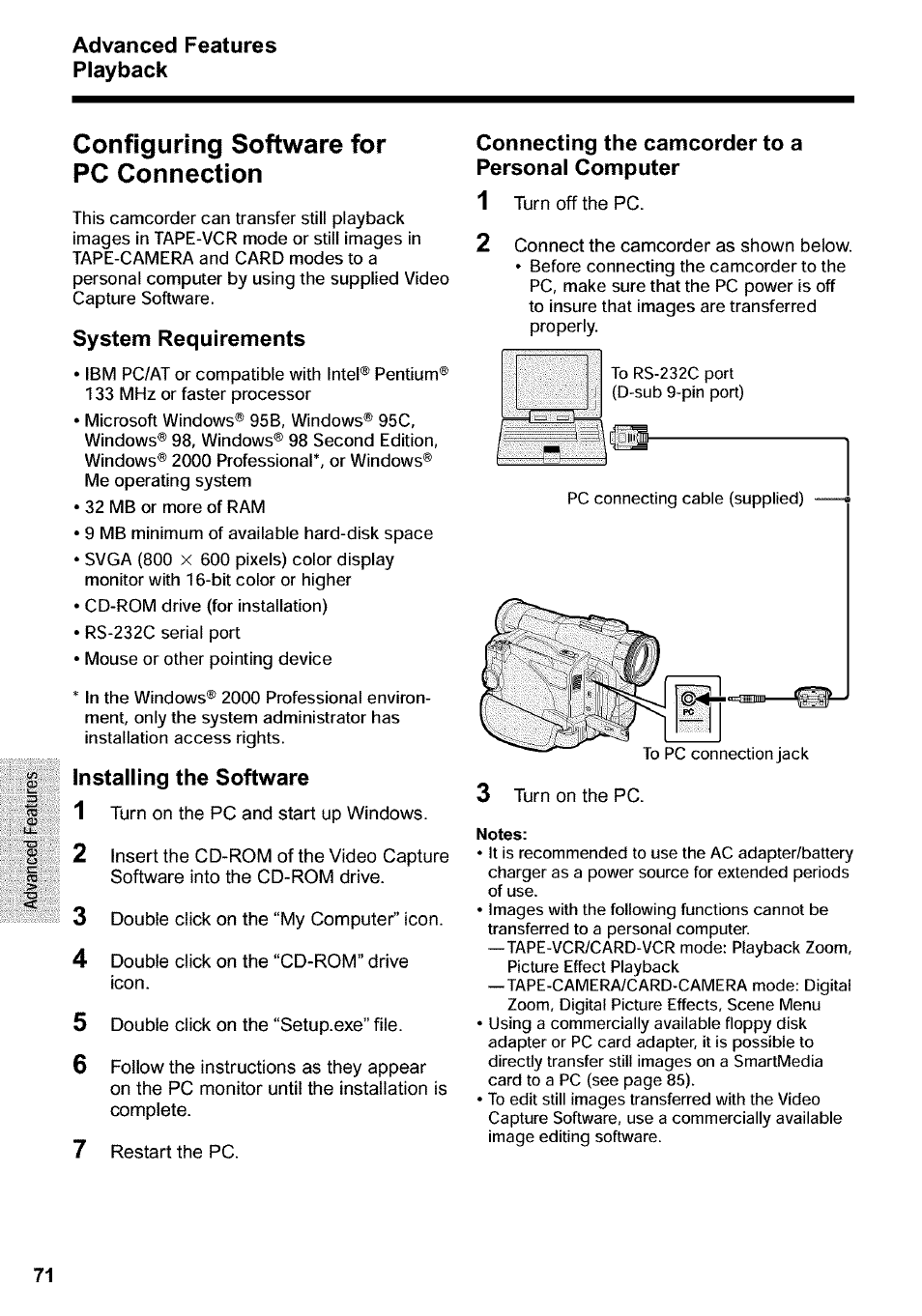 Configuring software for pc connection, Notes | Sharp VIEWCAM VL-WD650U User Manual | Page 86 / 120