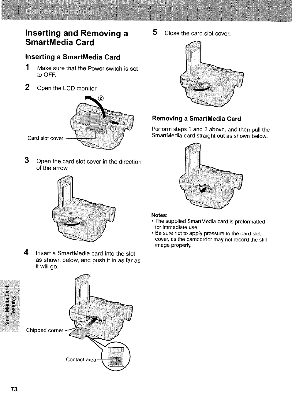 Inserting and removing a smartmedia card, Removing a smartmedia card, Features | Sharp VIEWCAM VL-WD650U User Manual | Page 88 / 120