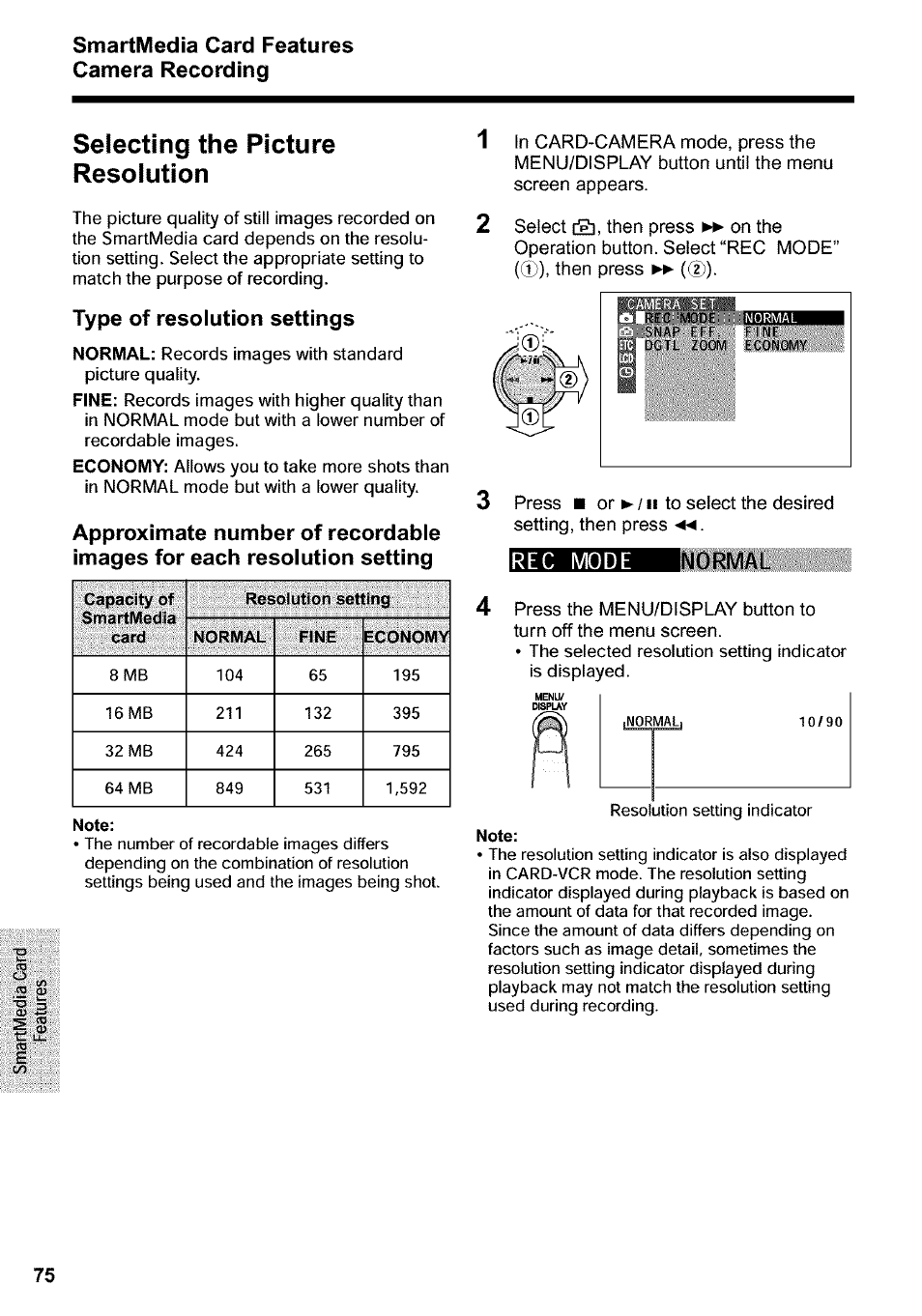 Selecting the picture resolution, Note, R e c mode | Sharp VIEWCAM VL-WD650U User Manual | Page 90 / 120