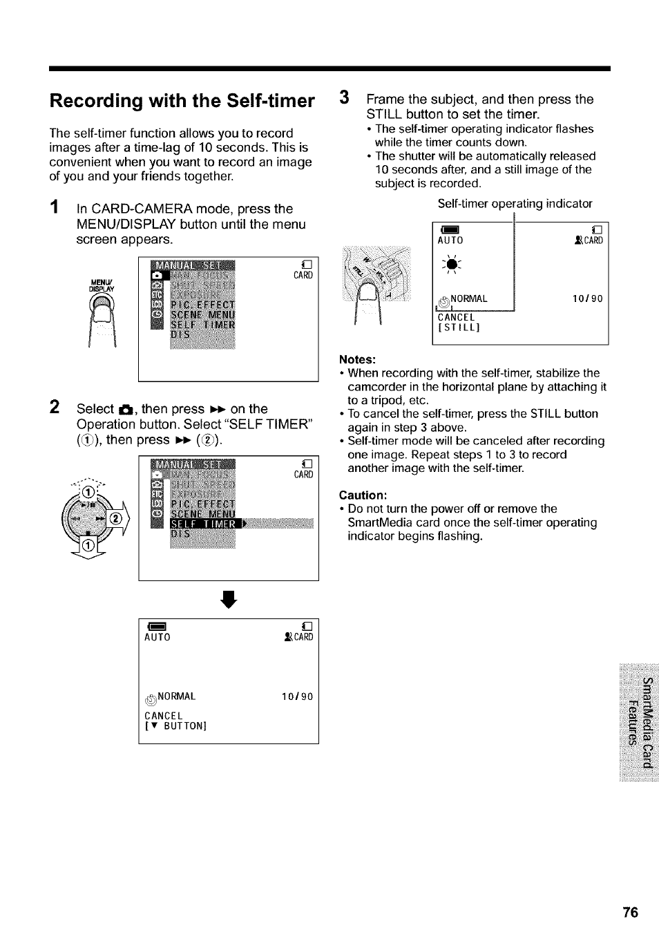 Notes, Caution, Recording with the self-timer 3 | Sharp VIEWCAM VL-WD650U User Manual | Page 91 / 120